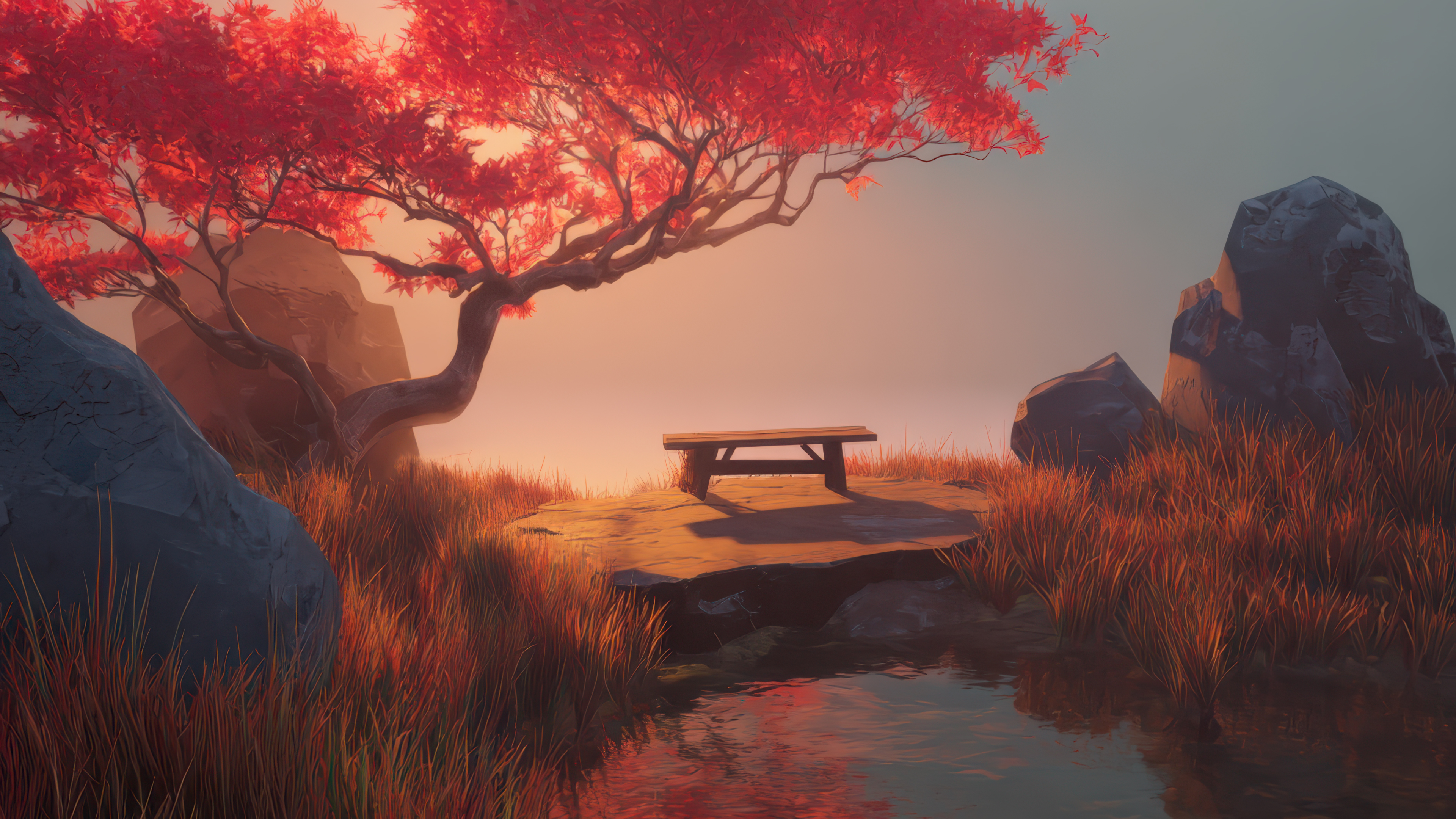 Red Autumn Tree And Wooden Bench Df